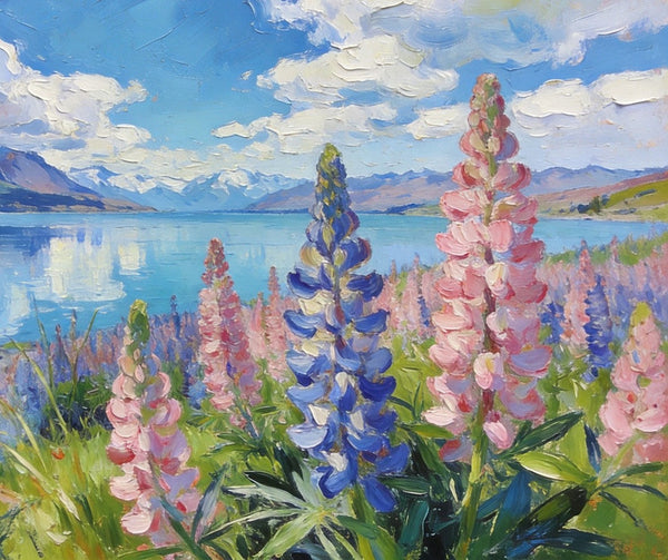 Stunning New Zealand Lake Landscape, Lupins in Bloom, Landscape Paintings on Canvas, Original Oil Paintings, Palette Knife Oil Paintings, Small Landscape Paintings, Hand Painted Canvas Artwork-Silvia Home Craft