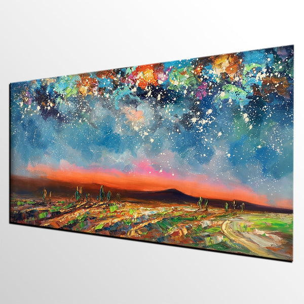 Starry Night Sky Painting, Custom Landscape Painting, Canvas Painting for Bedroom-Silvia Home Craft