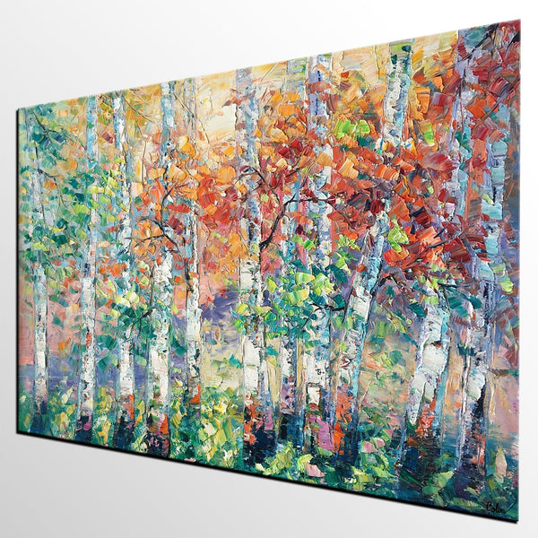 Autumn Paintings, Birch Tree Painting, Landscape Canvas Painting, Landscape Painting for Dining Room, Custom Canvas Painting-Silvia Home Craft