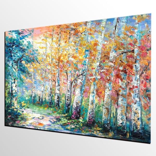 Landscape Painting, Canvas Painting, Birch Tree, Custom Large Abstract Art, Heavy Texture Art