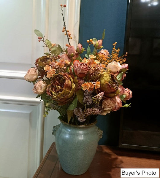 Beautiful Peony Rose Flowers Arrangement Interior Design, Large Faux Silk Floral Bouquet, Modern Artificial Floral Arrangement for Bedroom-Silvia Home Craft