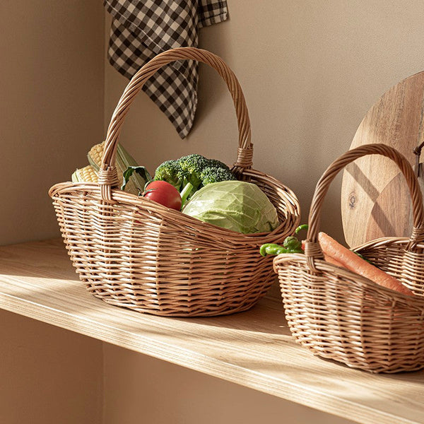 Natural Hand-woven Wicker Storage Basket, Large Picnic Food Basket with Handle, Lovely Willow Weaving Baskets for Vegetable, Natural Fruit Basket, Kitchen Storage Baskets-Silvia Home Craft
