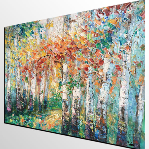 Autumn Birch Tree Painting, Heavy Texture Canvas Painting, Abstract Landscape Painting, Custom Canvas Painting for Dining Room-Silvia Home Craft