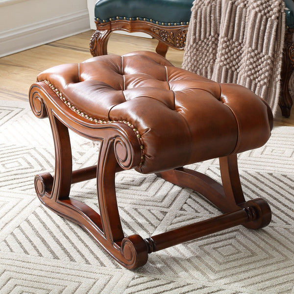 Cherry Wood Footstool, Vintage Leather Stool, Genuine Leather Solid Wood Entry Bench, Long Bench, Vanity Stool, Dressing Table Stool-Silvia Home Craft