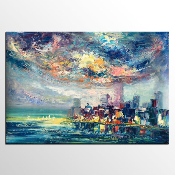 Cityscape Painting, Oil Painting on Canvas, Custom Landscape Canvas Painting, Heavy Texture Wall Art Paintings-Silvia Home Craft