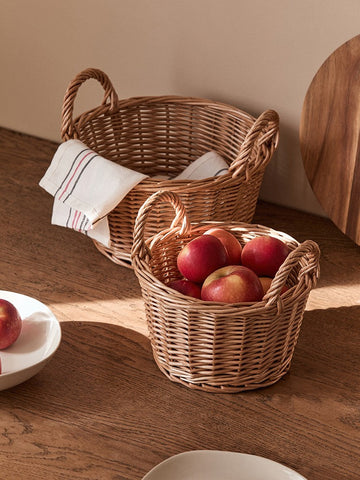 Large Picnic Fruit Basket with Handle, Natural Hand-woven Wicker Round Storage Basket, Lovely Willow Weaving Baskets for Vegetable, Natural Fruit Storage Basket, Kitchen Storage Baskets-Silvia Home Craft