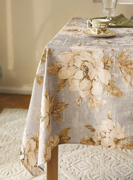 Peony Flower Tablecloth for Round Table, Beautiful Kitchen Table Cover, Linen Table Cover for Dining Room Table, Simple Modern Rectangle Tablecloth Ideas for Oval Table-Silvia Home Craft