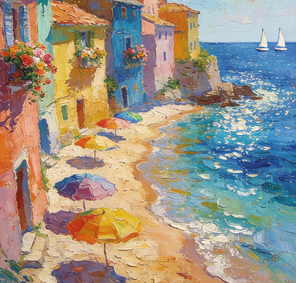 Coastal Township Landscape, Seashore Paintings, Original Wall Art Paintings, Small Oil Paintings, Hand Painted Canvas Wall Art, Heavy Texture Artwork, Canvas Paintings for Living Room-Silvia Home Craft