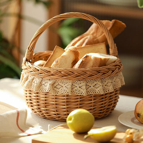 Storage Basket for Shelves, Picnic Storage Basket with Handle, Hand-woven Wicker Storage Basket, Natural Fruit Basket, Willow Weaving Baskets for Kitchen-Silvia Home Craft