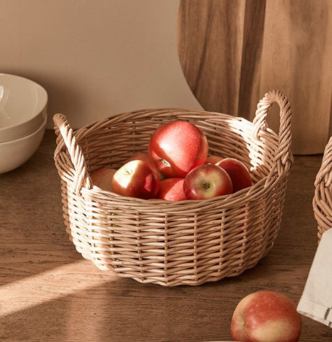 Picnic Fruit Basket with Handle, Kitchen Storage Baskets, Natural Hand-woven Wicker Round Storage Basket, Lovely Willow Weaving Baskets for Vegetable, Natural Fruit Storage Basket-Silvia Home Craft