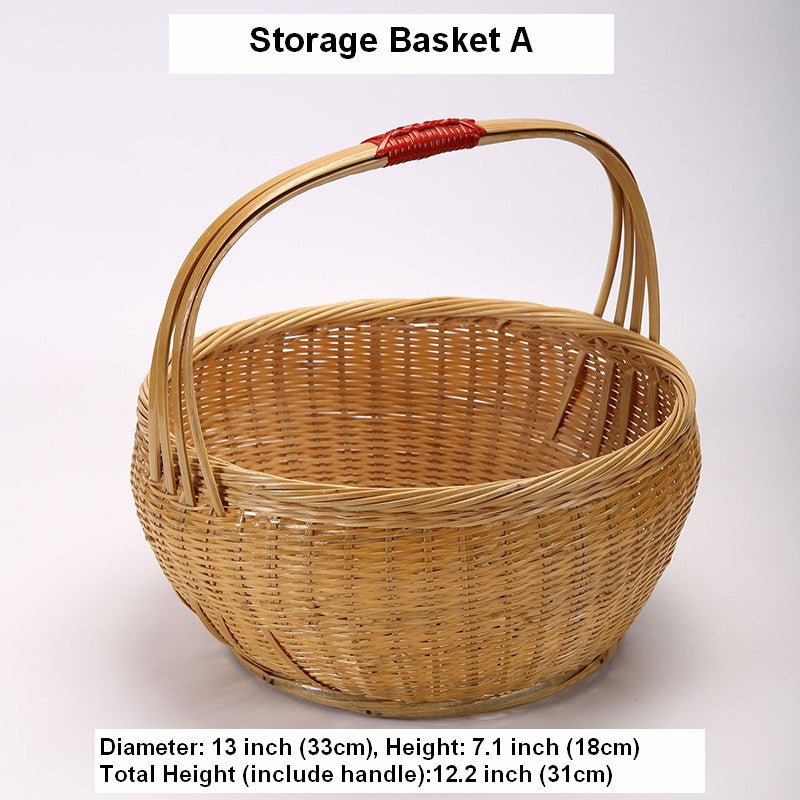 Natural Hand-woven Bamboo Basket, Extra Large Picnic Food Basket with Handle, Lovely Bamboo Baskets for Vegetable, Natural Fruit Basket Kitchen Storage Baskets-Silvia Home Craft