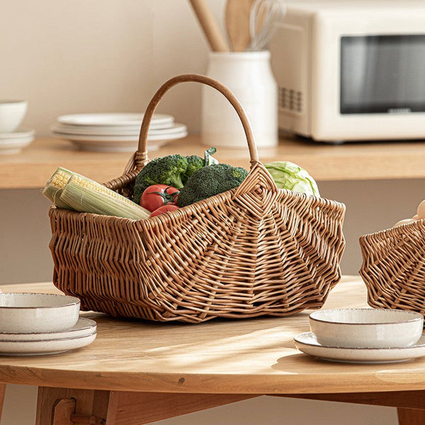 Large Picnic Food Basket with Handle, Natural Hand-woven Wicker Storage Basket, Lovely Willow Weaving Baskets for Vegetable, Natural Fruit Basket, Kitchen Storage Baskets-Silvia Home Craft