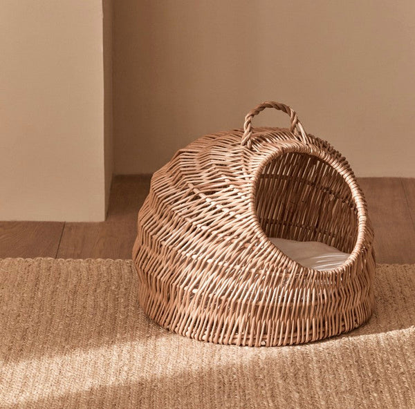 Indoor Cat Bed, Natural Wicker Cat House Basket with Washable Cushion for Indoor Cats and Dogs-Silvia Home Craft