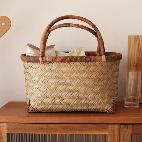 Storage Basket with Handle, Large Kitchen Storage Baskets, Natural Hand-woven Bamboo Storage Basket, Lovely Bamboo Weaving Baskets for Vegetable, Picnic Fruit Storage Baskets-Silvia Home Craft