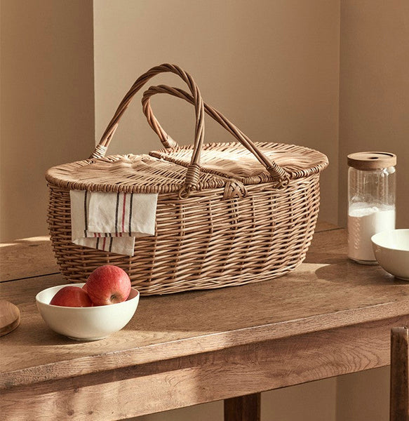 Extra Large Picnic Food Basket with Handle, Kitchen Storage Baskets, Natural Hand-woven Wicker Storage Basket, Lovely Willow Weaving Baskets for Vegetable, Natural Fruit Basket-Silvia Home Craft