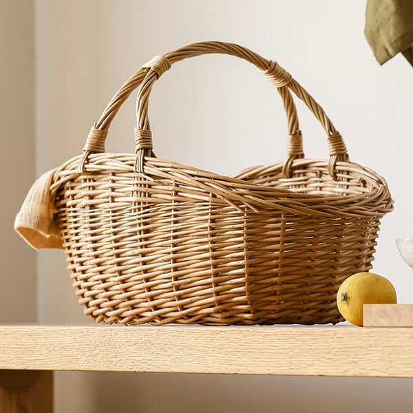 Large Kitchen Storage Baskets, Picnic Storage Basket with Handle, Hand-woven Wicker Storage Basket, Willow Weaving Baskets for Vegetable, Natural Fruit Basket-Silvia Home Craft