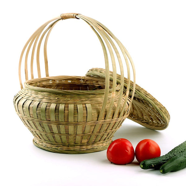 Picnic Food Basket with Handle, Large Natural Hand-woven Bamboo Basket, Natural Fruit Basket Lovely Bamboo Baskets for Vegetable, Kitchen Storage Baskets-Silvia Home Craft