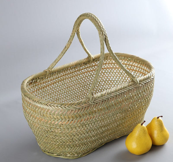 Natural Fruit Basket Kitchen Storage Baskets, Lovely Bamboo Baskets for Vegetable, Picnic Food Basket with Handle, Large Natural Hand-woven Bamboo Basket-Silvia Home Craft