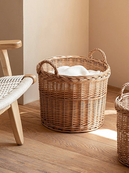 Round Storage Basket for Clothes, Natural Hand-woven Wicker Storage Basket for Clothes, Extra Large Kitchen Storage Baskets, Willow Weaving Baskets for Clothes-Silvia Home Craft