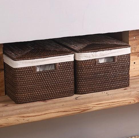 Storage Baskets for Clothes, Large Brown Rattan Storage Baskets, Storage Baskets for Bathroom, Rectangular Storage Baskets, Storage Basket with Lid-Silvia Home Craft