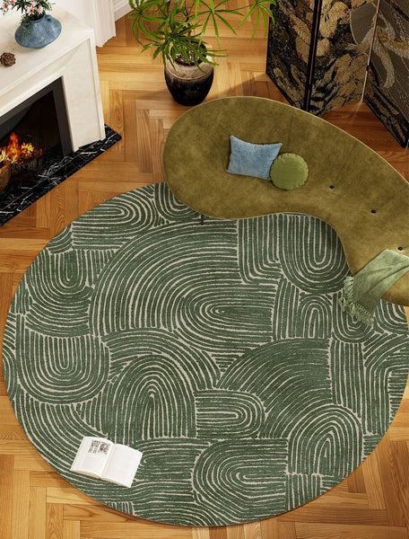 Green Contemporary Modern Rugs, Geometric Round Rugs for Dining Room, Mid Century Round Modern Rugs under Chairs, Bedroom Abstract Modern Area Rugs-Silvia Home Craft