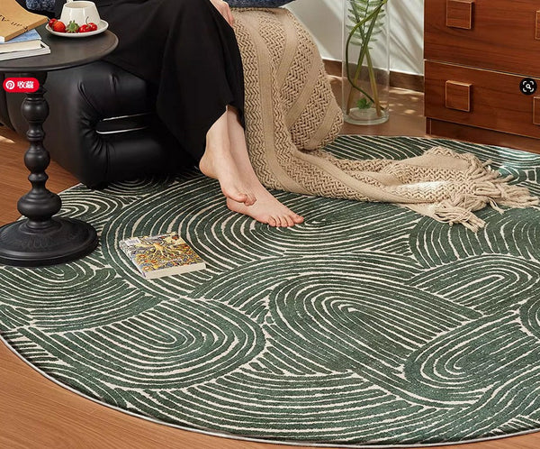 Green Contemporary Modern Rugs, Geometric Round Rugs for Dining Room, Mid Century Round Modern Rugs under Chairs, Bedroom Abstract Modern Area Rugs-Silvia Home Craft