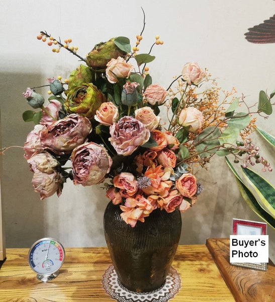 Beautiful Peony Rose Flowers Arrangement Interior Design, Large Faux Silk Floral Bouquet, Modern Artificial Floral Arrangement for Bedroom-Silvia Home Craft