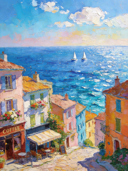 Canvas Paintings for Dining Room, Seaside Town Serene Moment, Seashore Paintings, Heavy Texture Artwork, Original Wall Art Paintings, Small Oil Paintings, Hand Painted Canvas Wall Art-Silvia Home Craft