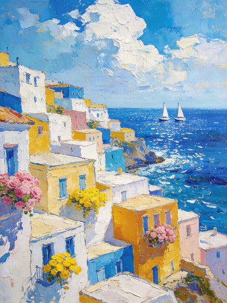 Coatal Village Serenity, Seashore Paintings, Original Artwork, Small Oil Paintings, Hand Painted Canvas Wall Art, Heavy Texture Artwork, Small Canvas Paintings-Silvia Home Craft