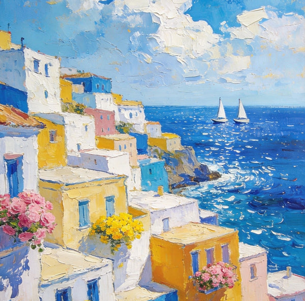 Coatal Village Serenity, Seashore Paintings, Original Artwork, Small Oil Paintings, Hand Painted Canvas Wall Art, Heavy Texture Artwork, Small Canvas Paintings-Silvia Home Craft