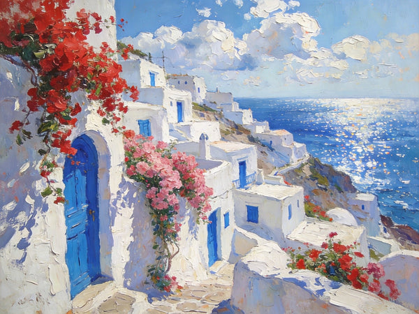 Bougainvillea's Aegean Embrace, Hand Painted Canvas Art, Small Landscape Paintings, Landscape Wall Art for Dining Room, Original Oil Paintings-Silvia Home Craft