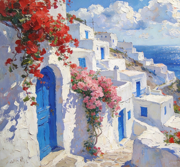 Bougainvillea's Aegean Embrace, Hand Painted Canvas Art, Small Landscape Paintings, Landscape Wall Art for Dining Room, Original Oil Paintings-Silvia Home Craft