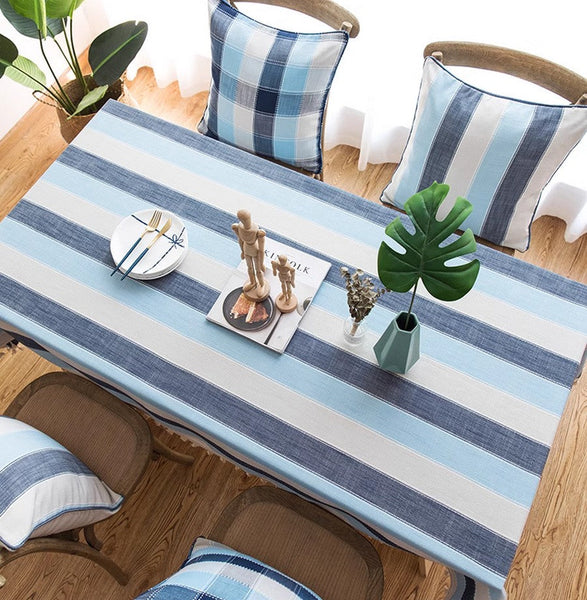 Blue Stripe Rectangular Tablecloth for Oval Table, Cotton and Linen Tablecloths, Rectangular Table Covers for Coffee Table, Modern Table Cloths for Dining Room-Silvia Home Craft