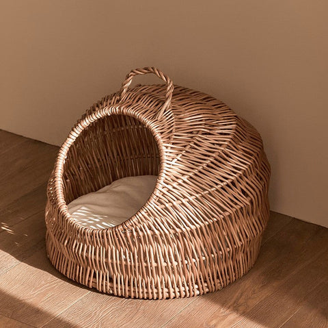 Indoor Cat Bed, Natural Wicker Cat House Basket with Washable Cushion for Indoor Cats and Dogs-Silvia Home Craft
