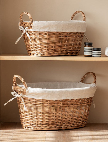 Large Kitchen Round Storage Baskets, Large Food Storage Basket with Handle, Natural Hand-woven Wicker Storage Basket for Clothes, Willow Weaving Baskets for Toys-Silvia Home Craft