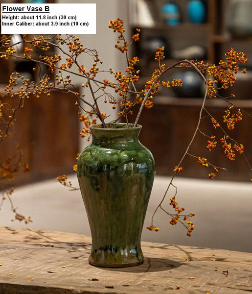 Ceramic Bouquet Vases, Green Flower Vases on Table, Porcelain Flower Vases, Dining Table Centerpiece, Handmade Water Holding Flower Vase-Silvia Home Craft