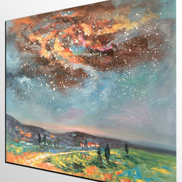 Landscape Oil Painting, Starry Night Sky Painting, Heavy Texture Painting, Custom Abstract Painting-Silvia Home Craft