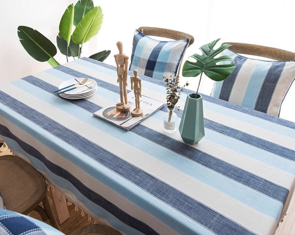 Blue Stripe Rectangular Tablecloth for Oval Table, Cotton and Linen Tablecloths, Rectangular Table Covers for Coffee Table, Modern Table Cloths for Dining Room-Silvia Home Craft