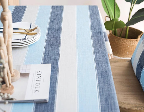 Blue Stripe Rectangular Tablecloth for Oval Table, Cotton and Linen Tablecloths, Rectangular Table Covers for Coffee Table, Modern Table Cloths for Dining Room-Silvia Home Craft