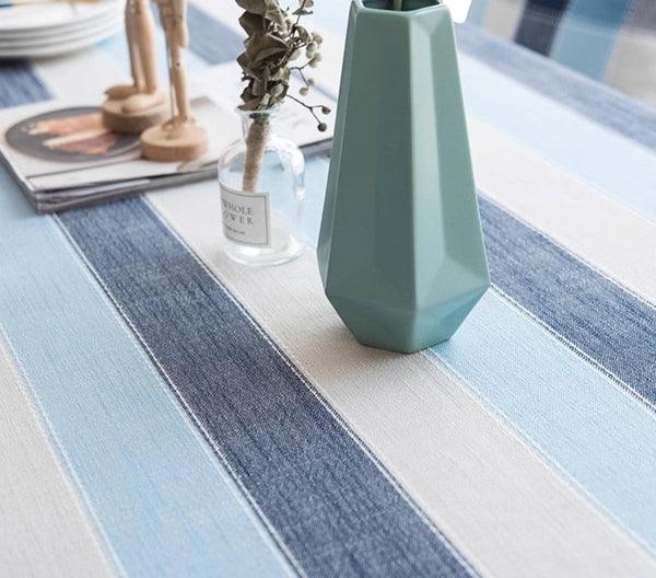 Blue Stripe Rectangular Tablecloth for Oval Table, Cotton and Linen Tablecloths, Rectangular Table Covers for Coffee Table, Modern Table Cloths for Dining Room-Silvia Home Craft