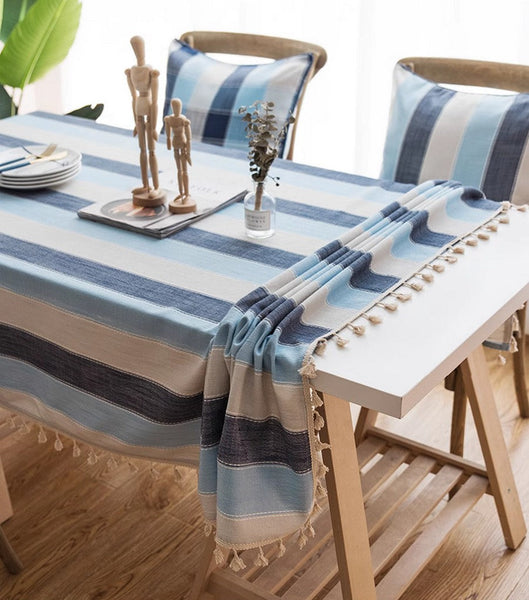 Blue Stripe Rectangular Tablecloth for Oval Table, Cotton and Linen Tablecloths, Rectangular Table Covers for Coffee Table, Modern Table Cloths for Dining Room-Silvia Home Craft