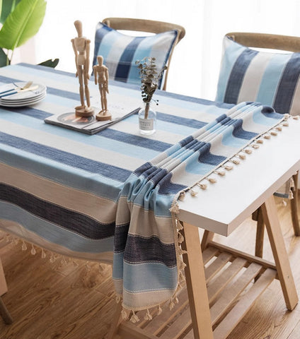 Blue Stripe Rectangular Tablecloth for Oval Table, Cotton and Linen Tablecloths, Rectangular Table Covers for Coffee Table, Modern Table Cloths for Dining Room-Silvia Home Craft