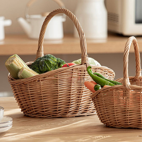 Natural Hand-woven Wicker Storage Basket, Large Picnic Food Basket with Handle, Lovely Willow Weaving Baskets for Vegetable, Natural Fruit Basket, Kitchen Storage Baskets-Silvia Home Craft