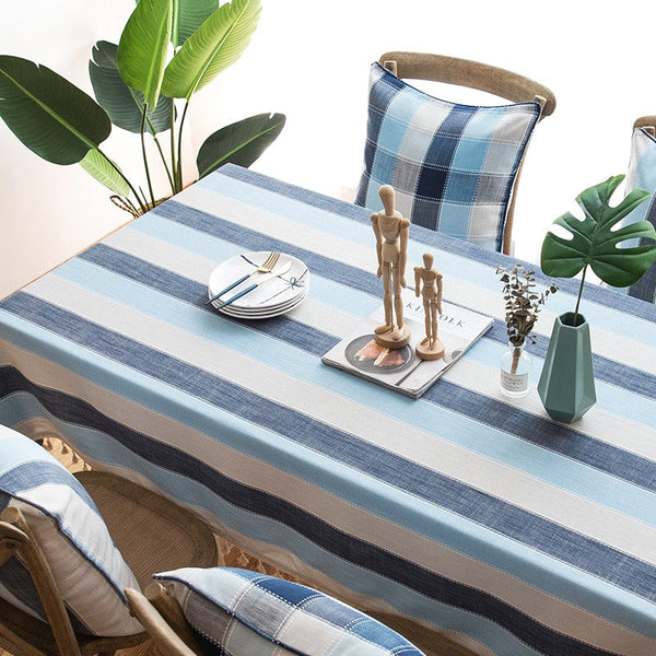 Rectangular Table Covers for Coffee Table, Blue Stripe Rectangular Tablecloth for Oval Table, Cotton and Linen Tablecloths, Modern Table Cloths for Dining Room-Silvia Home Craft
