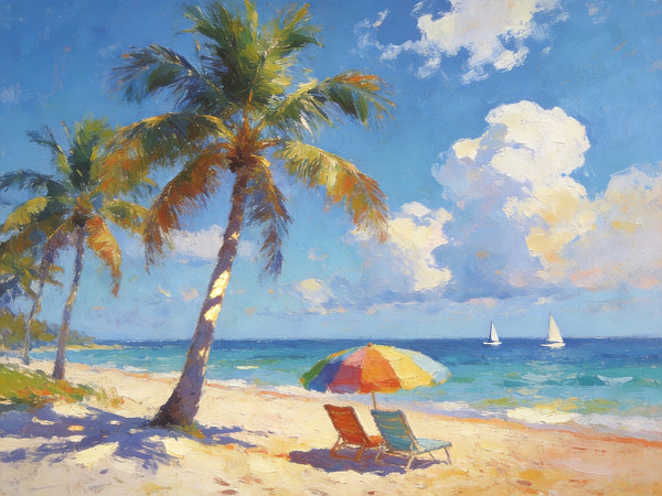 Tropical Coastal Charm, Buy Painting Online, Seashore Beach Paintings, Small Oil Paintings, Original Landscape Paintings, Hand Painted Canvas Art, Heavy Texture Artwork-Silvia Home Craft