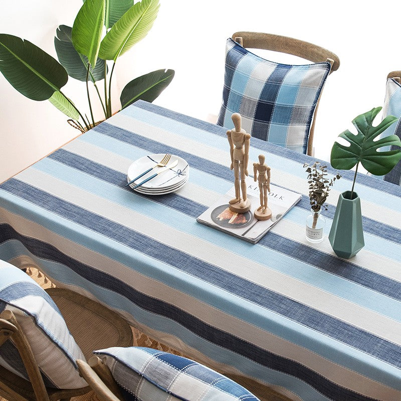 Blue Stripe Rectangular Tablecloth for Oval Table, Cotton and Linen Tablecloths, Rectangular Table Covers for Coffee Table, Modern Table Cloths for Dining Room-Silvia Home Craft