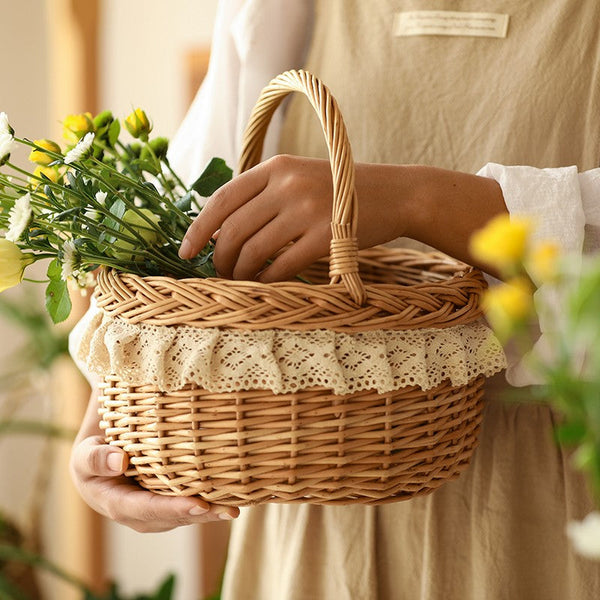 Storage Basket for Shelves, Picnic Storage Basket with Handle, Hand-woven Wicker Storage Basket, Natural Fruit Basket, Willow Weaving Baskets for Kitchen-Silvia Home Craft