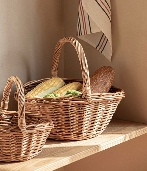 Large Picnic Food Basket with Handle, Lovely Willow Weaving Baskets for Vegetable, Natural Hand-woven Wicker Storage Basket, Natural Fruit Basket, Kitchen Storage Baskets-Silvia Home Craft