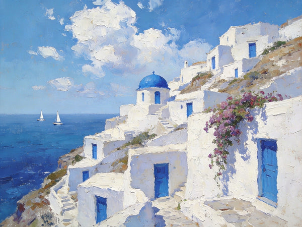 Landscape Wall Art Paintings, Santorini's Seaside Symphony, Hand Painted Canvas Art, Small Original Oil Paintings, Landscape Paintings for Living Room-Silvia Home Craft