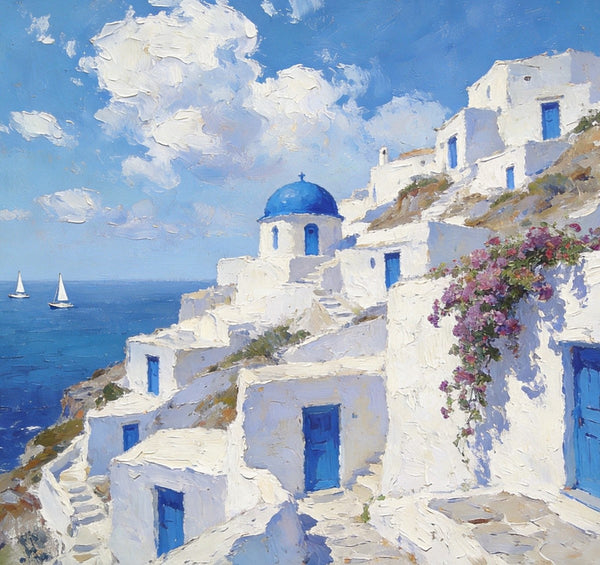Landscape Wall Art Paintings, Santorini's Seaside Symphony, Hand Painted Canvas Art, Small Original Oil Paintings, Landscape Paintings for Living Room-Silvia Home Craft